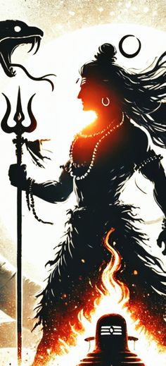 an illustration of a woman holding a spear and standing in front of a giant demon