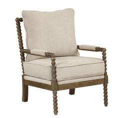 an upholstered chair with wooden legs and arms