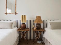 two twin beds in a bedroom with white sheets and striped wallpaper, one has a lamp on the end table