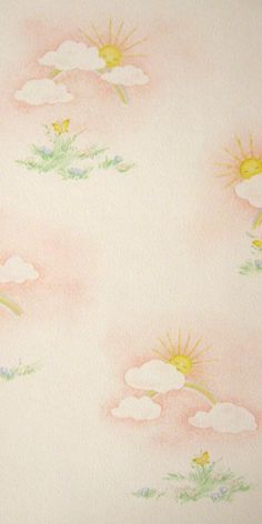 a watercolor drawing of clouds and sun on a pink background with green grass in the foreground