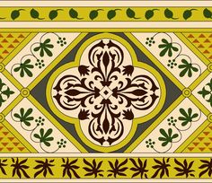 an artistic tile design with green leaves and flowers on yellow, brown, and black colors