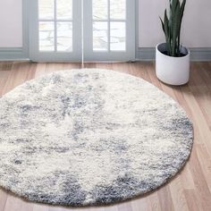 a round rug in the middle of a wooden floor with a potted plant next to it