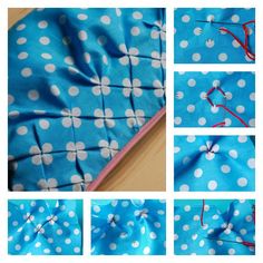 the instructions for making a blue and white polka dotty fabric bag with red thread