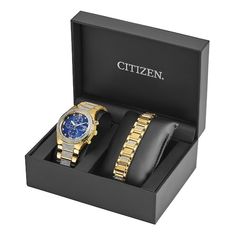 With a gold-tone stainless steel-bracelet and case, the Men's Crystal from CITIZEN is the perfect sports watch for anyone who also seeks a bit of dressy bling. With crystals in the band and case, the timepiece also features a chronograph and the ability to display time in 12- or 24-hour formats, as well as Eco-Drive technology, meaning the watch is powered by light. The blue face and gold-tone accents complete the look. And at 42mm around, this watch is the perfect size to grace any wrist, for a Blue Face, Bracelet Box, Contemporary Ring, Watch Bracelet, Eco Drive, Purple Stones, Sports Watch, The Men, Rings For Her