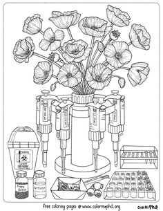 a coloring page with flowers in a vase and other things to color on the table