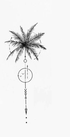 a black and white drawing of a palm tree with an arrow on it's side