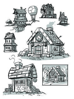 some houses and hot air balloons are drawn in the style of doodles on paper