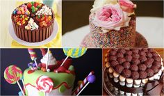 four different cakes decorated with candies, lollipops, and other sweets