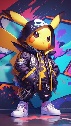 the pikachu is wearing a black jacket and white shoes, while standing in front of a colorful background