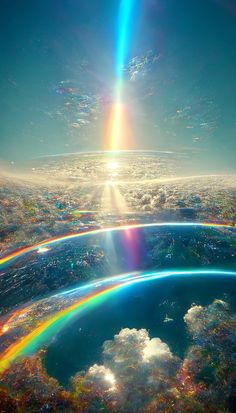 an aerial view of the earth with rainbows and clouds