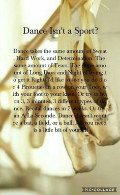 two ballet shoes hanging from a string with the words dance isn't a sport