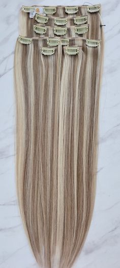 Clip-In Extension #16 Platinum (signature line) Straight Hair with a beautiful combination of platinum blonde and some ashy blonde low light !! - Single piece clip-ins are 11" wide. - 7 pieces clip-ins pack includes: 2 pcs 1" wide 2 pcs 3" wide 2 pcs 6" wide 1 pc 7" wide 100g of natural hair per set! Blonde Clip In Hair Extensions, Carmel Brown Hair, Keratin Extensions, Blonde Lowlights, Brown Hair Extensions, Carmel Brown, Ashy Blonde, Long Hair Extensions, Clip In Hair