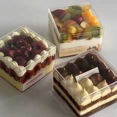 three different types of desserts in plastic containers