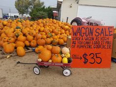 a wagon filled with lots of pumpkins next to a sign that says wagon sale