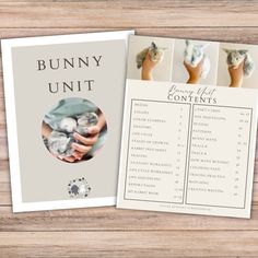 the bunny unit brochure is displayed on a wooden table