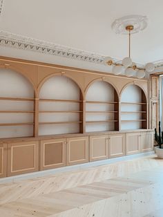 an empty room with shelves and plants in the corner on the far wall is a large window