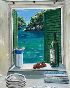 a painting of an open window overlooking the ocean with strawberries and a bottle of wine