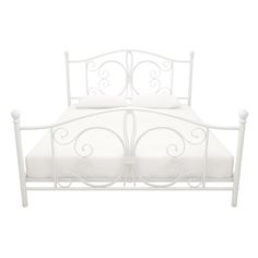 a white metal bed frame with two pillows