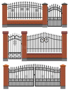 a set of wrought iron fences and gates on the brick wall, isolated from white background