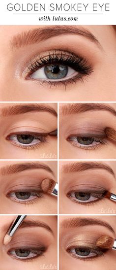 augen schminken, make up für blaue augen, lidschatten in gold und braun, smokey eyes Smokey Eyeshadow Tutorial, Golden Smokey Eye, Glamorous Wedding Makeup, Diy Lip Scrub, Summer Eyeshadow, Simple Wedding Makeup, Eyeshadow Tutorial For Beginners, Makeup Cantik