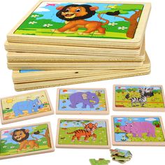 wooden puzzles with animals and giraffes on them