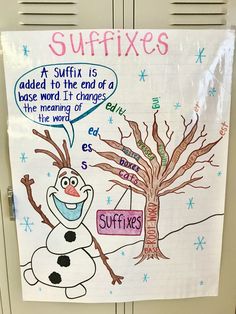 a bulletin board with an image of a snowman next to a tree and the words suffixes