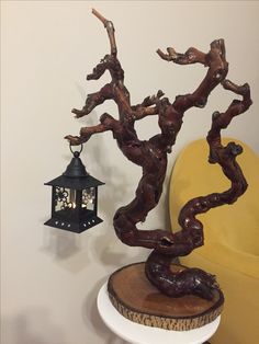 a bonsai tree on a table next to a yellow chair and lamp with the light turned on