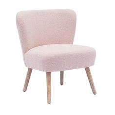 a pink chair with wooden legs on a white background