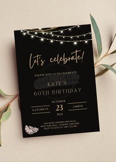 a black and gold birthday party card with string lights