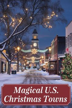 a christmas town with lights and trees in the snow