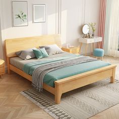 a bed room with a neatly made bed and two nightstands on either side of the bed