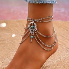 Faster shipping. Better service Magical Jewelry, Layered Chains, Foot Jewelry, Ball Pendant, Chain Anklet, Summer Gift, Anklet Jewelry, Stylish Jewelry, Turquoise Pendant