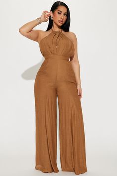 Available In Tan, Green, And White. Jumpsuit Halter High Neck Key Hole Tie Back Wide Leg Lined Non Stretch Self: 100% Polyester Lining: 100% Polyester Imported | Thomas Linen Jumpsuit in Tan size Large by Fashion Nova Interview Fits, Tan Jumpsuit, Plus Size Baddie Outfits, Studio Music, Birthday Outfit For Women, Rick Y Morty, Styling Guide, Professional Outfits Women