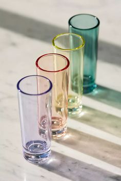 Morgan Shot Glasses, Set of 4 | Anthropologie Colorful Glassware Bar, Glasswear Aesthetic, Hosting Closet, Iridescent Glassware, Cute Shot Glasses, Colorful Glassware, Colored Wine Glasses, Fun Wine Glasses, Retro Glassware