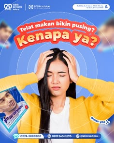 a woman holding her head with the words kenapa ya in front of her