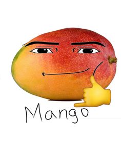 an apple with a face drawn on it and the word mango written in front of it