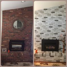 two pictures of a brick fireplace with a mirror above it