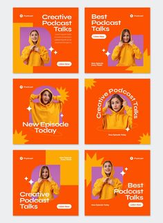 four different webpages with an image of a woman in yellow and orange on them