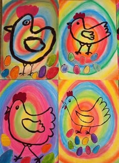 four different colored paintings with roosters on them