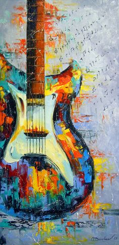 an abstract painting of a guitar with colorful paint splattered on it's body