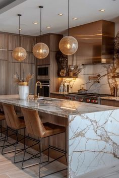 a kitchen with marble counter tops and bar stools next to an island in the middle