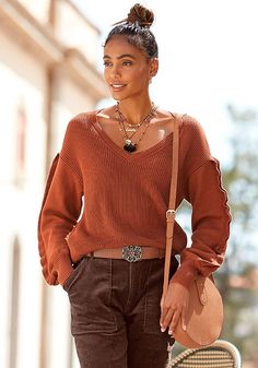 Rust Top Outfit, Rust Sweater Outfit, Red Clothes, Rust Sweater, Ruffle Sleeve Sweater, Neutral Sweaters, Western Outfits Women, Sweater Outfit, Flowy Maxi Dress