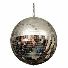 a disco ball hanging from a chain with multiple pictures on the front and back of it