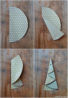 four pictures showing how to make an origami christmas tree