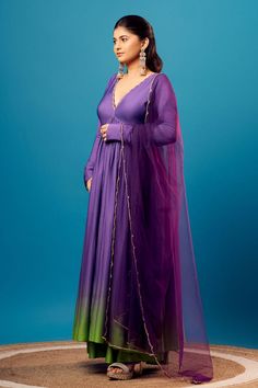 Purple french crepe padded anarkali with cutdana hand embroidered neckline. Comes with palazzo and a net dupatta. - Aza Fashions Ombre Anarkali Suit, Purple Indian Dress, Indian Dresses Anarkali, Purple Anarkali, Purple French, Ombre Dress, Dresses Indian, Green Ombre, Anarkali Suit