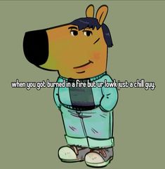 a cartoon dog with the caption when you got burned in fire but it's just a hell guy