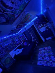 the room is lit up with blue lights