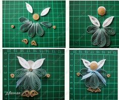 four different pictures of paper flowers on a green cutting board with buttons and pegs