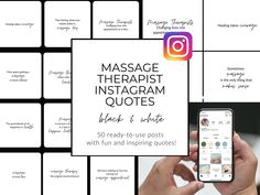 a person holding an iphone in front of a collage of instagram pictures with the text massage therapist instagram