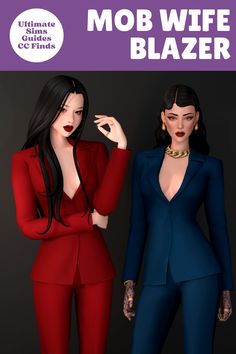 This cc blazer comes from a set called the Mob Wife Collection which is a great cc set. This blazer is a classic shape and looks amazing #TheSims4 Sims 4 Cc Pantsuit Female, Sims Face, Best Sims 4 Cc, Blazer Dresses, Sims Clothes, My Sims, Tuxedo Women, The Mob, Los Sims